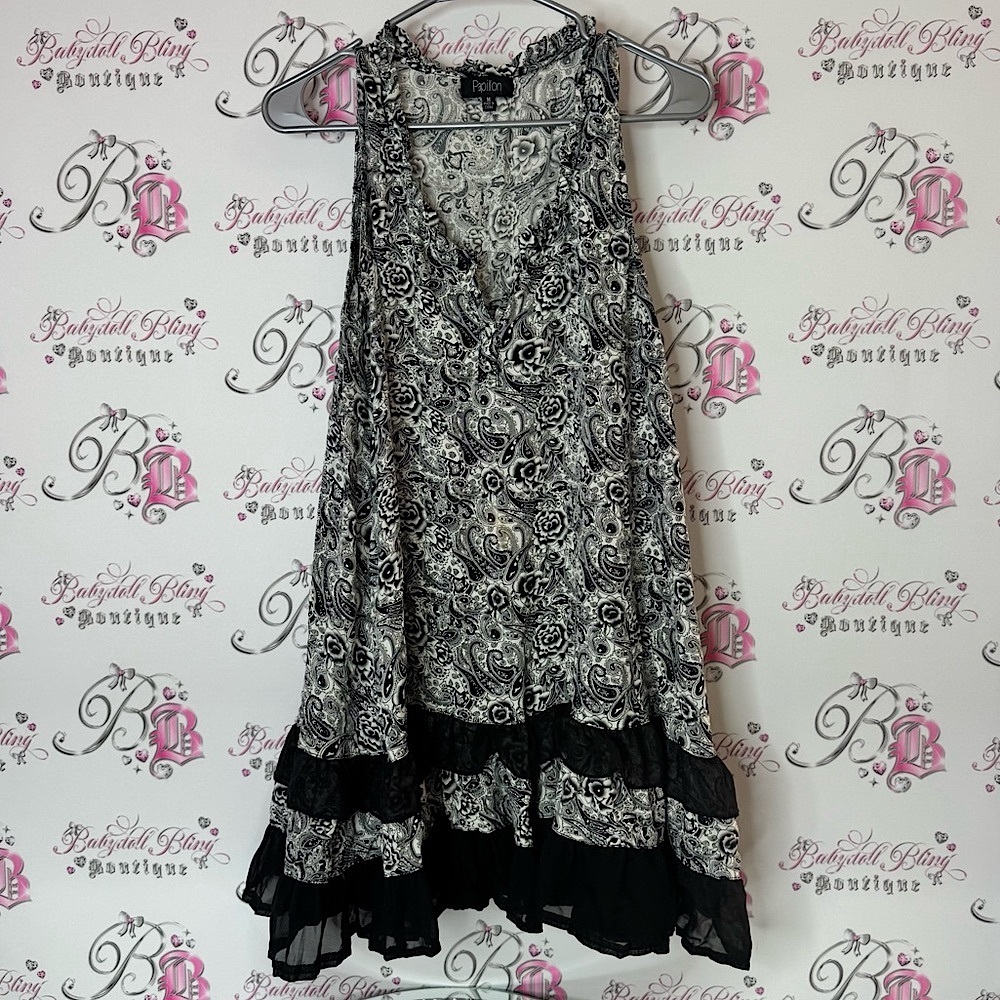 Papillon dress ruffle frilly loose flowy boho Blanc Monochrome Paisley Dress